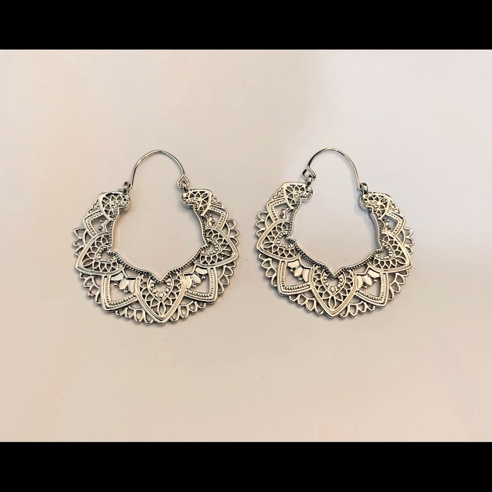 Silver Boho Statement Carved Earrings - Picture 2 of 3